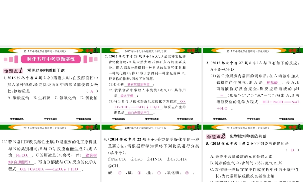 （怀化专版）中考化学命题研究 第一编 教材知识梳理篇 第十一单元 盐 化肥（精讲）课件-人教版初中九年级全册化学课件