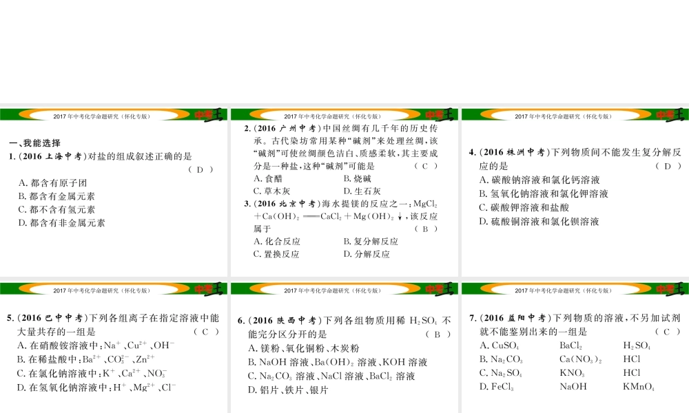 （怀化专版）中考化学命题研究 第一编 教材知识梳理篇 第十一单元 盐 化肥（精练）课件-人教版初中九年级全册化学课件