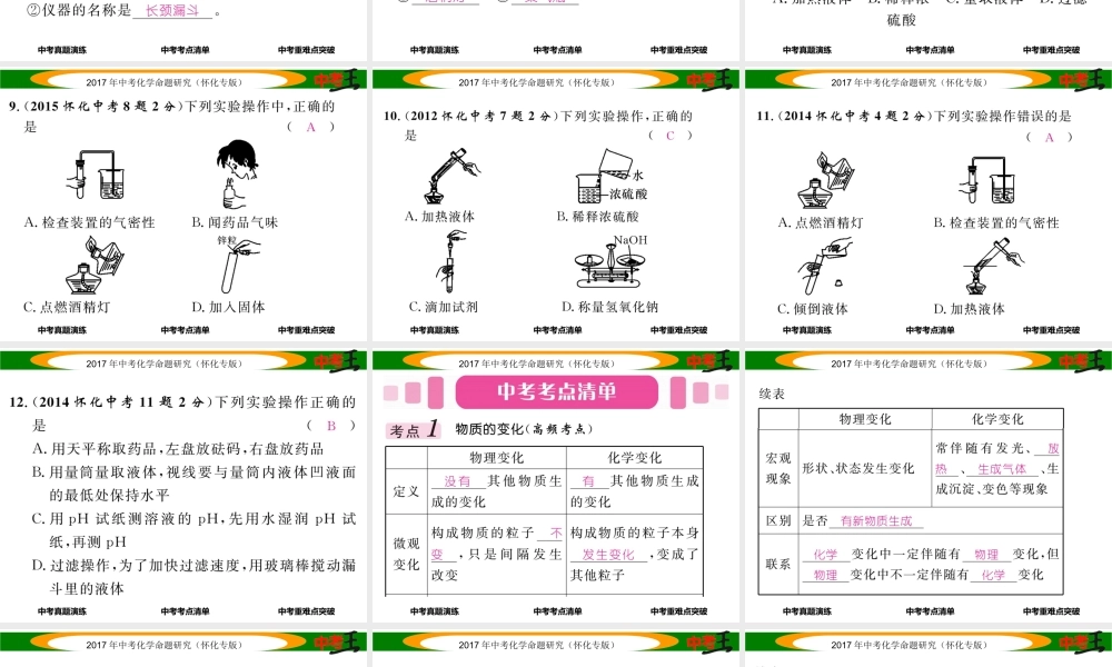 （怀化专版）中考化学命题研究 第一编 教材知识梳理篇 第一单元 走进化学世界（精讲）课件-人教版初中九年级全册化学课件