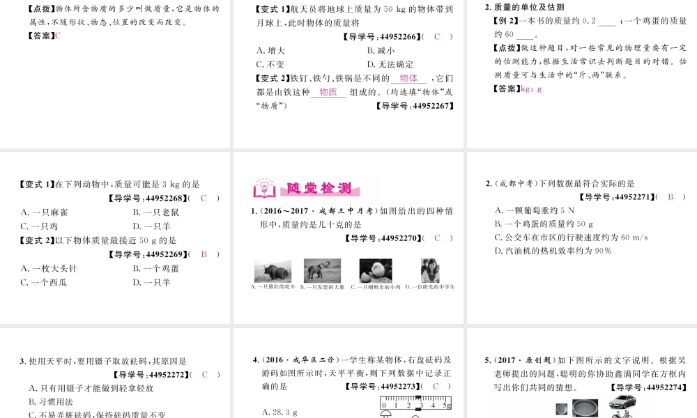 （成都专用）秋八年级物理上册 第6章 质量与密度 第1节 质量（精讲）课件 （新版）教科版-（新版）教科版初中八年级上册物理课件