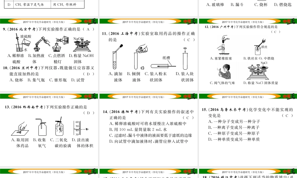 （怀化专版）中考化学命题研究 第一编 教材知识梳理篇 第一单元 走进化学世界（精练）课件-人教版初中九年级全册化学课件