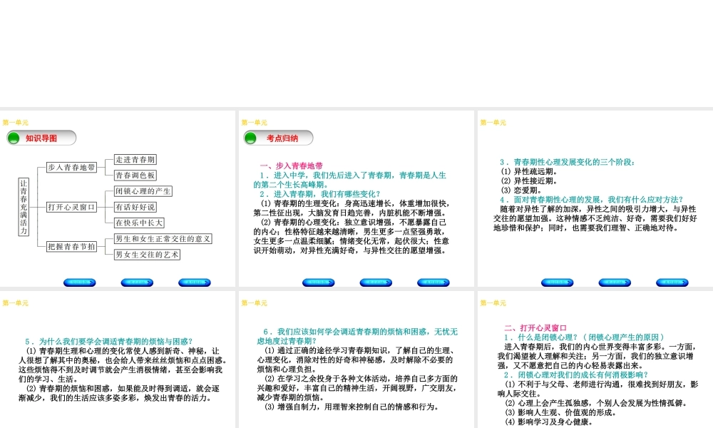 （广西北部湾专版）中考政治 八上 第一单元 让青春充满活力知识梳理课件-人教版初中九年级全册政治课件