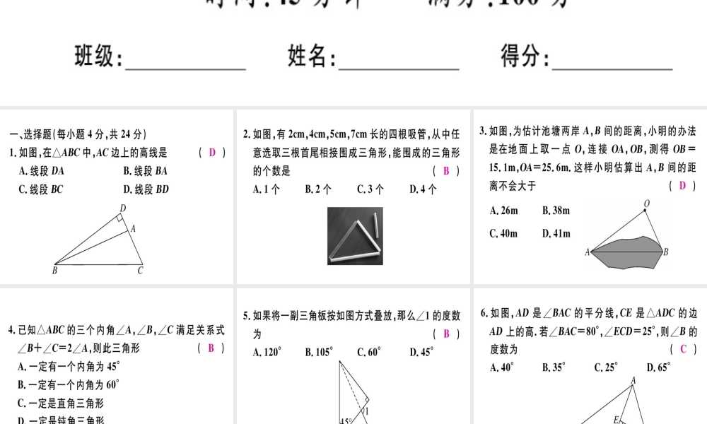（广东专用）秋八年级数学上册 阶段综合训练一 三角形中的线段与角课件 （新版）新人教版-（新版）新人教版初中八年级上册数学课件