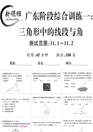 （广东专用）秋八年级数学上册 阶段综合训练一 三角形中的线段与角课件 （新版）新人教版-（新版）新人教版初中八年级上册数学课件