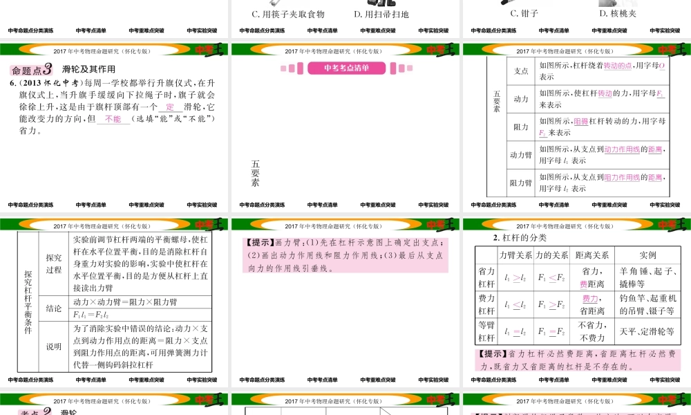 （怀化专版）中考物理命题研究 第一编 教材知识梳理篇 第九讲 简单机械 课时1 简单机械及其特点（精讲）课件-人教版初中九年级全册物理课件