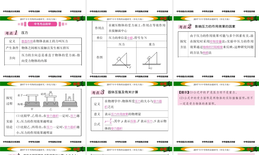 （怀化专版）中考物理命题研究 第一编 教材知识梳理篇 第六讲 压强 课时1 压强 液体的压强（精讲）课件-人教版初中九年级全册物理课件