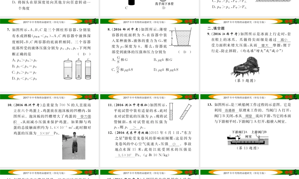 （怀化专版）中考物理命题研究 第一编 教材知识梳理篇 第六讲 压强 课时1 压强 液体的压强（精练）课件-人教版初中九年级全册物理课件