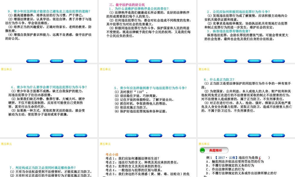 （广西北部湾专版）中考政治 七下 第五单元 守法护法 健康成长知识梳理课件-人教版初中九年级全册政治课件