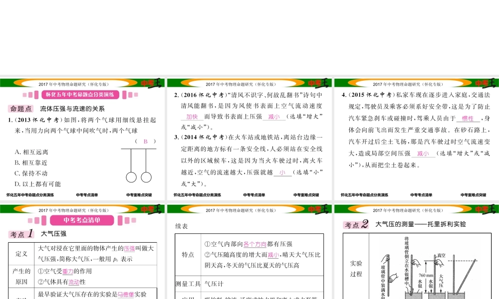 （怀化专版）中考物理命题研究 第一编 教材知识梳理篇 第六讲 压强 课时2 大气压强 流体压强与流速的关系（精讲）课件-人教版初中九年级全册物理课件