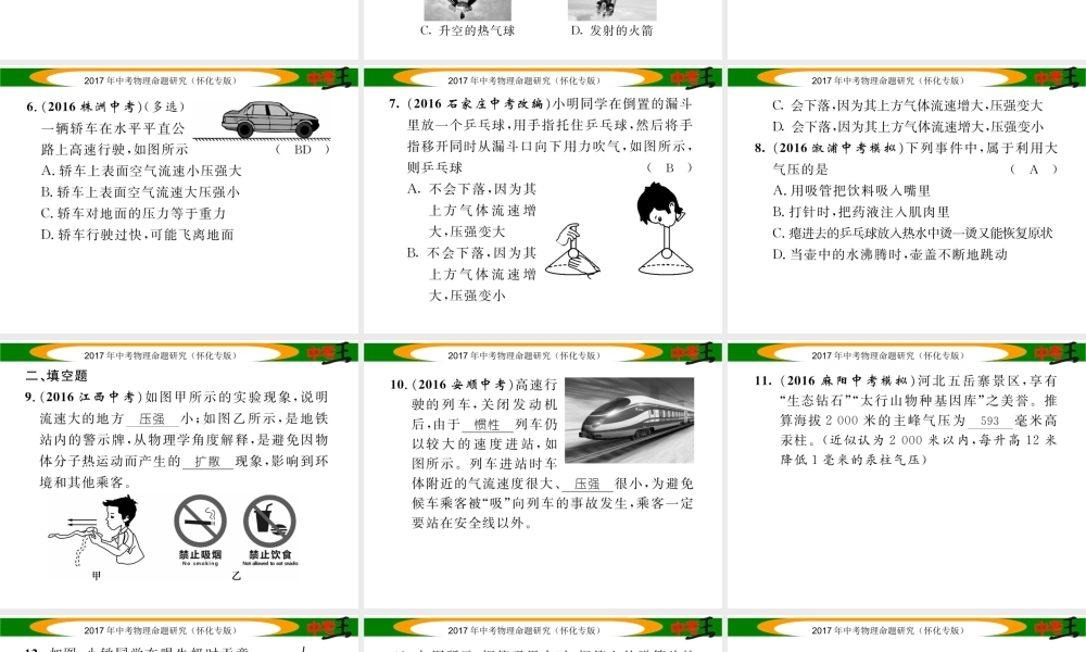 （怀化专版）中考物理命题研究 第一编 教材知识梳理篇 第六讲 压强 课时2 大气压强 流体压强与流速的关系（精练）课件-人教版初中九年级全册物理课件