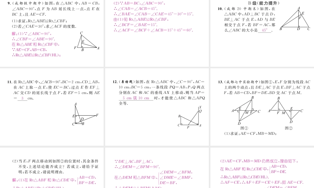 （成都专级数学下册 第1章 三角形的证明 2 直角三角形 第2课时 直角三角形全等的判定作业课件 （新版）北师大版-（新版）北师大级下册数学课件