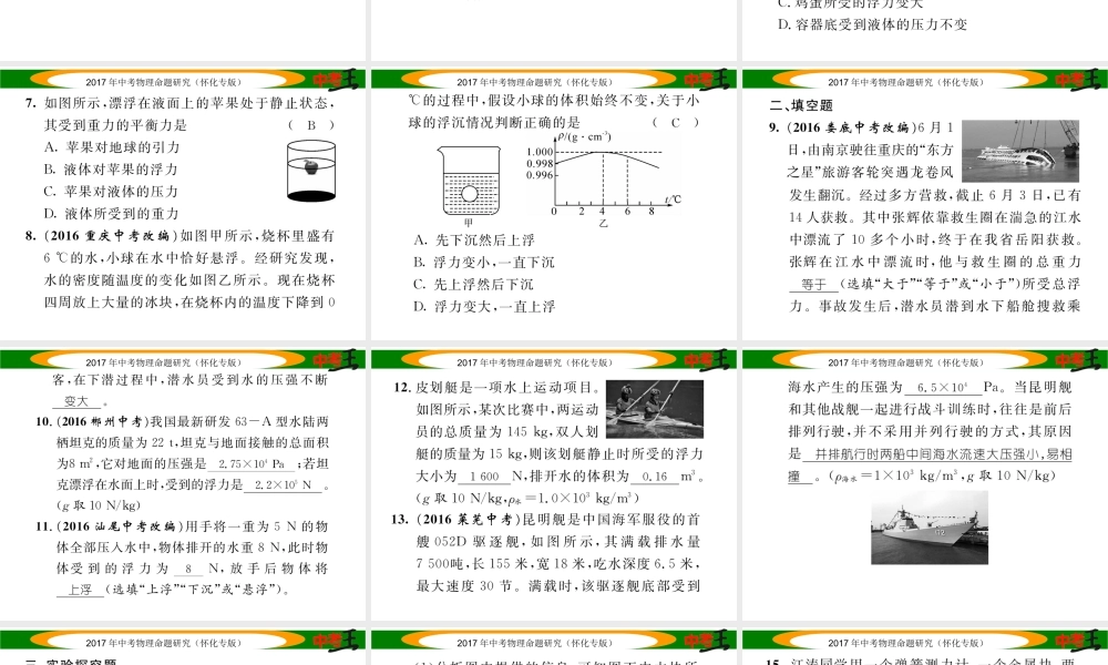 （怀化专版）中考物理命题研究 第一编 教材知识梳理篇 第七讲 浮力（精练）课件-人教版初中九年级全册物理课件
