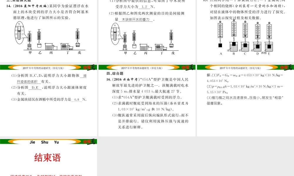 （怀化专版）中考物理命题研究 第一编 教材知识梳理篇 第七讲 浮力（精练）课件-人教版初中九年级全册物理课件