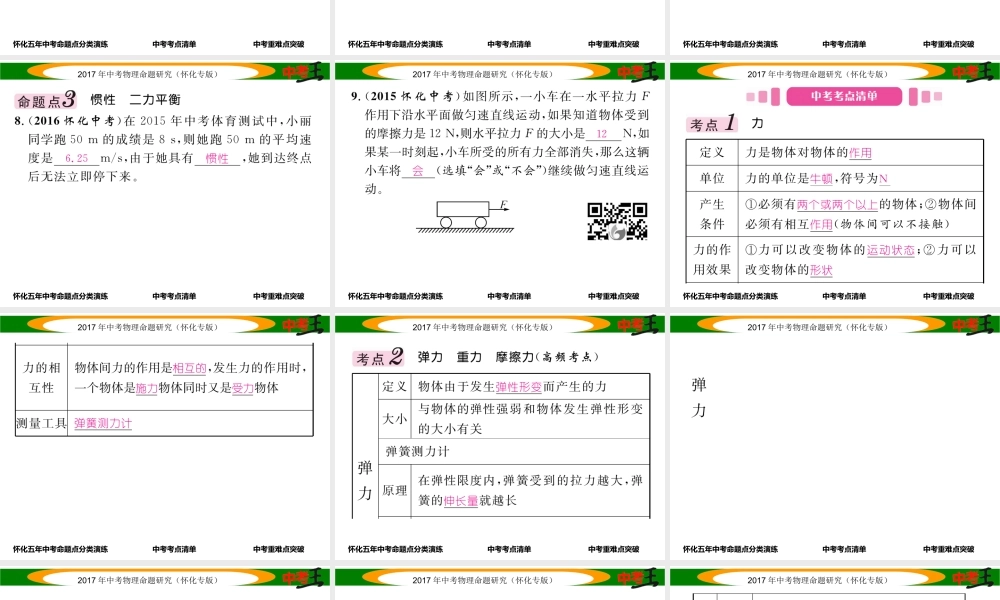 （怀化专版）中考物理命题研究 第一编 教材知识梳理篇 第五讲 力和运动 课时2 重力 弹力 摩擦力 运动和力（精讲）课件-人教版初中九年级全册物理课件