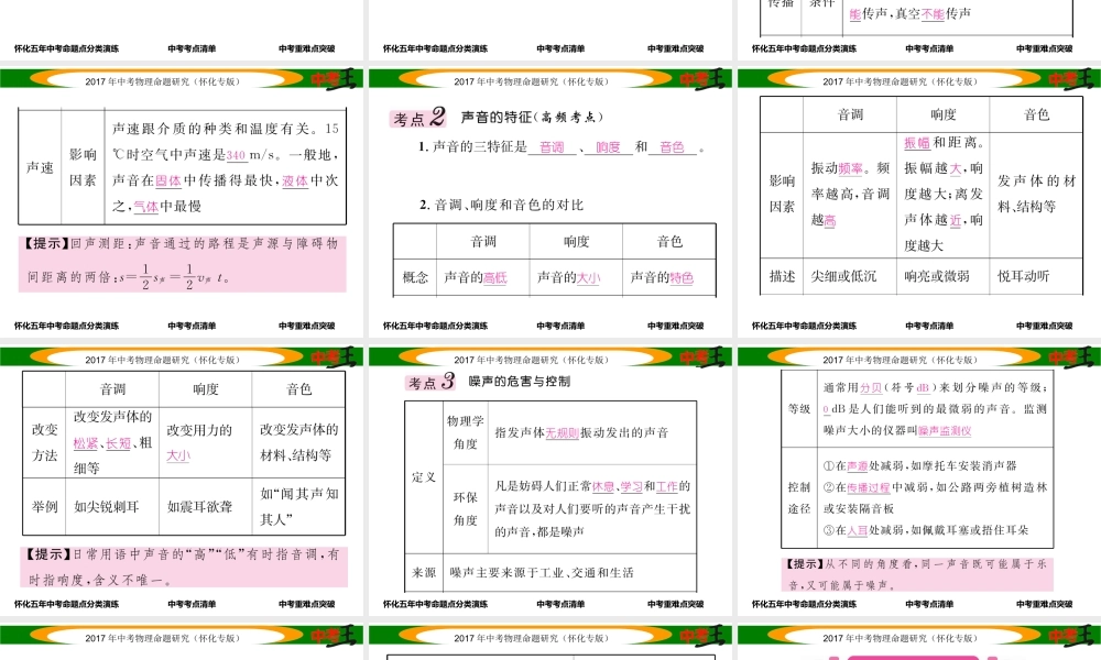 （怀化专版）中考物理命题研究 第一编 教材知识梳理篇 第一讲 声现象（精讲）课件-人教版初中九年级全册物理课件