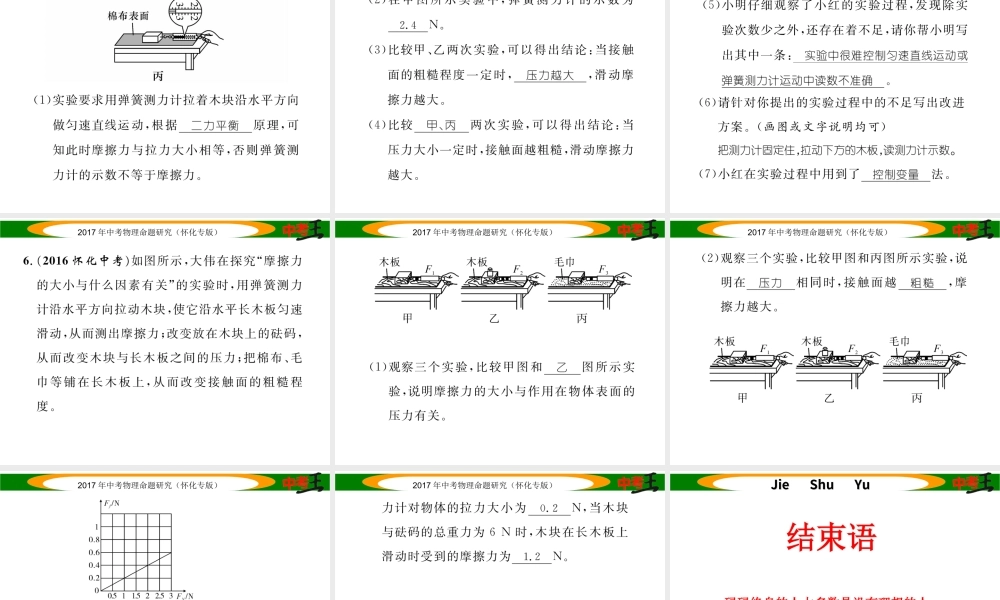 （怀化专版）中考物理命题研究 第一编 教材知识梳理篇 专题突破 重力 平衡力 摩擦力实验探究（精练）课件-人教版初中九年级全册物理课件