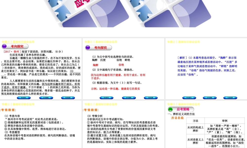 （徐州专版）中考语文 第一部分 积累与运用 专题三 基础知识综合运用复习课件-人教版初中九年级全册语文课件