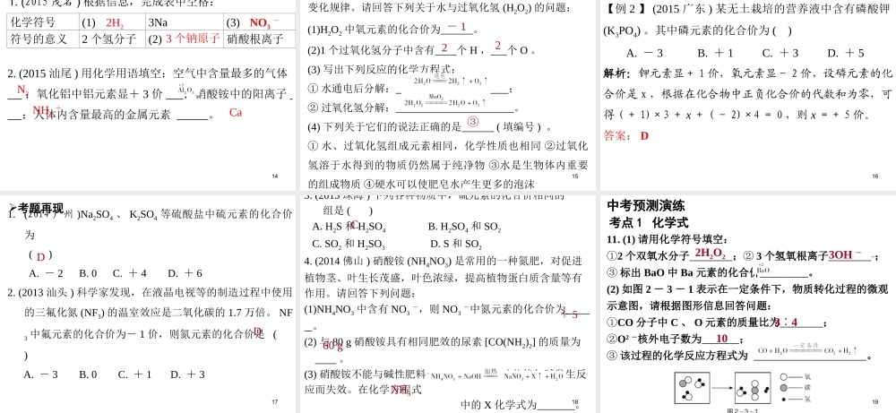 （广东地区）中考化学 第二部分 物质构成的奥秘 第三节 化学用语、化学式和化合价复习课件 新人教版-新人教版初中九年级全册化学课件