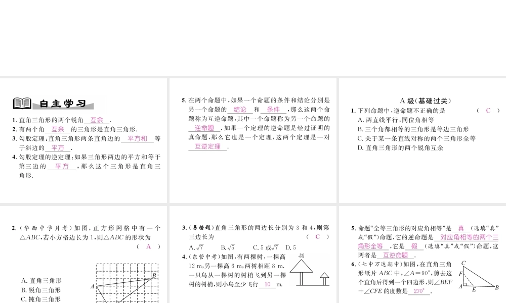 （成都专版）春八年级数学下册 第1章 三角形的证明 2 直角三角形 第1课时 直角三角形的性质与判定作业课件 （新版）北师大版-（新版）北师大版初中八年级下册数学课件