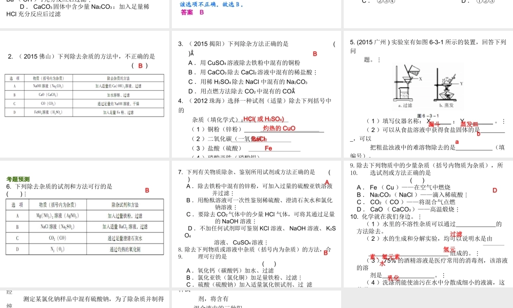 （广东地区）中考化学 第六部分 专题训练 专题三 物质的分离与提纯复习课件 新人教版-新人教版初中九年级全册化学课件