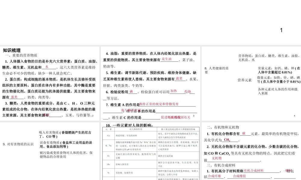 （广东地区）中考化学 第四部分 化学与社会发展 第二节 化学与生活复习课件1 新人教版-新人教版初中九年级全册化学课件