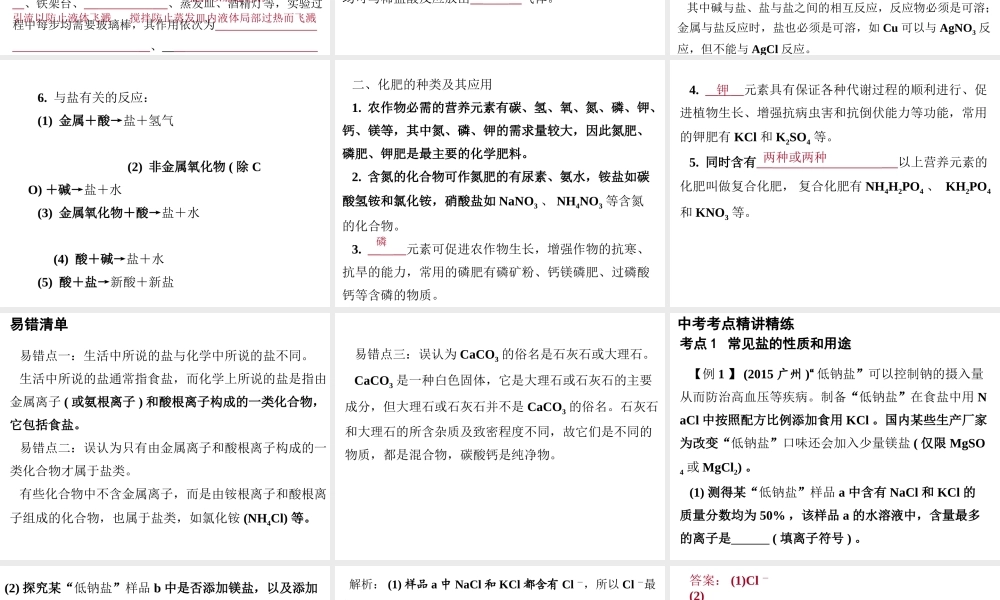 （广东地区）中考化学 第一部分 身边的化学物质 第七节 盐和化肥复习课件 新人教版-新人教版初中九年级全册化学课件