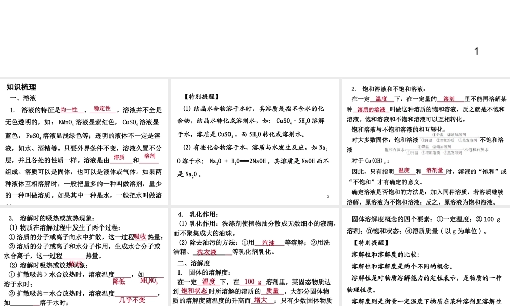 （广东地区）中考化学 第一部分 身边的化学物质 第三节 溶液复习课件1 新人教版-新人教版初中九年级全册化学课件
