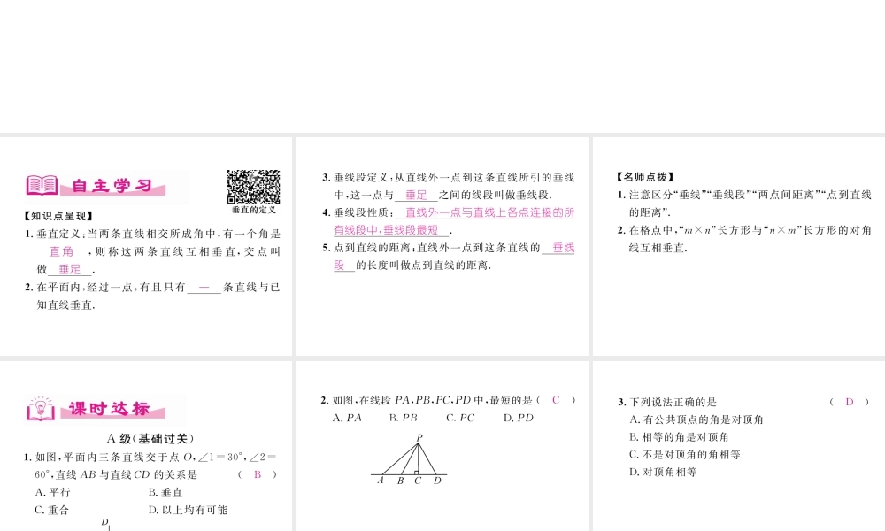 （成都专版）春七年级数学下册 第2章 相交的平行线 1 两条直线的位置关系（2）作业课件 （新版）北师大版-（新版）北师大版初中七年级下册数学课件
