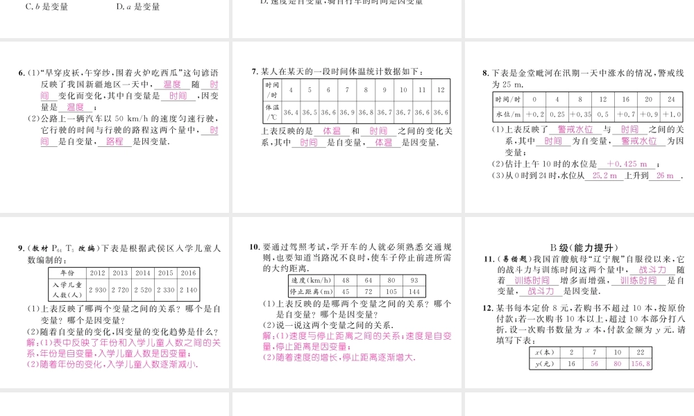 （成都专版）春七年级数学下册 第3章 变量之间的关系 1 用表格表示的变量间关系作业课件 （新版）北师大版-（新版）北师大版初中七年级下册数学课件
