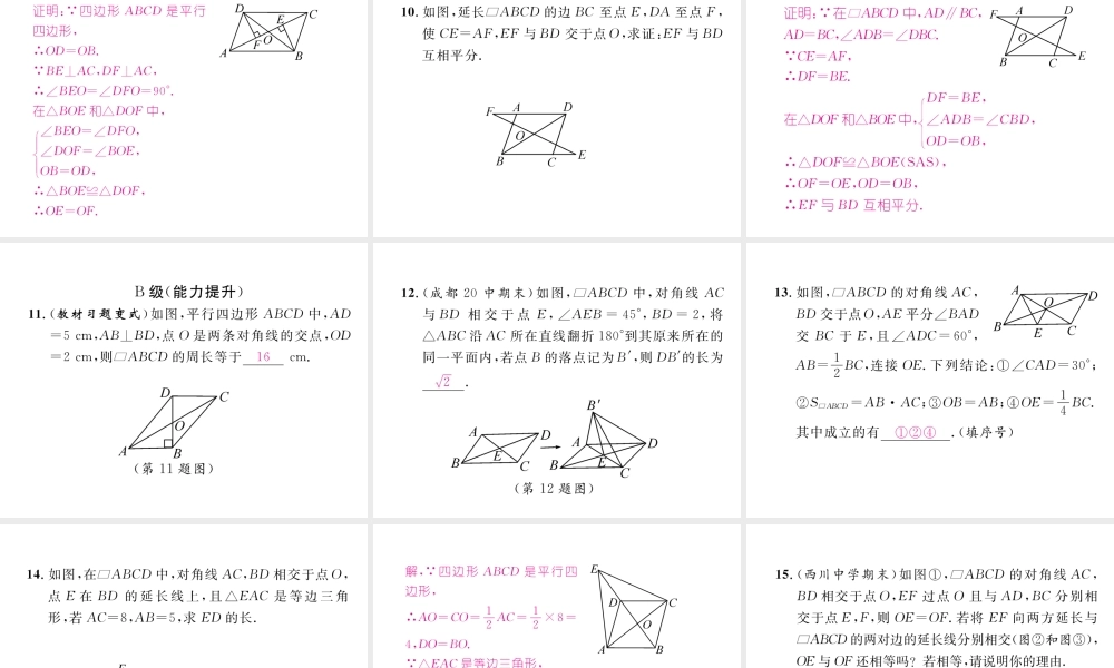 （成都专级数学下册 第6章 平行四边形 1 平行四边形的性质 第2课时 平行四边形对角线的性质作业课件 （新版）北师大版-（新版）北师大级下册数学课件