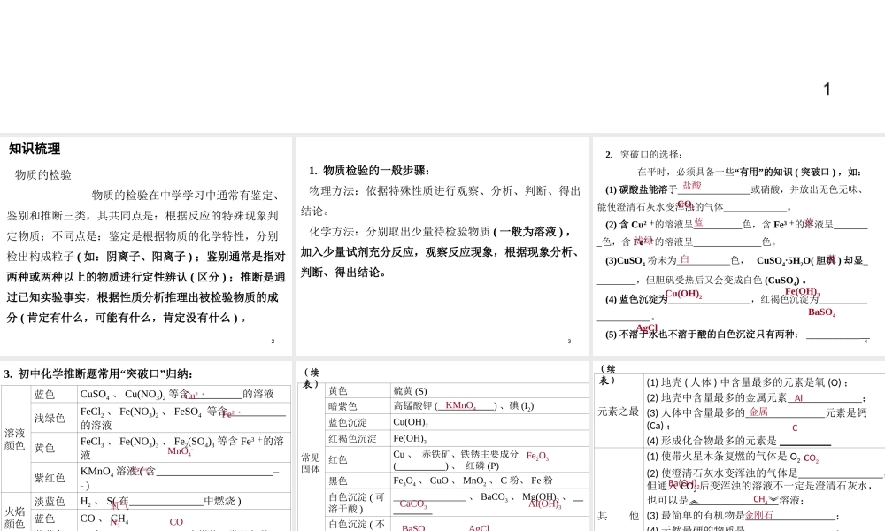 （广东地区）中考化学专题突破复习 第五部分 专题一 科学探究 第五节 物质的检验与推断课件 新人教版-新人教版初中九年级全册化学课件