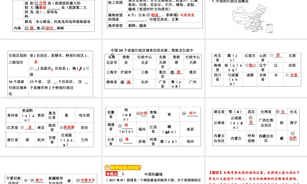 （新疆地区）中考地理总复习 八上 第一章 中国的疆域与人口（课时一 中国的疆域与行政区划）基础知识梳理课件-人教版初中九年级全册地理课件