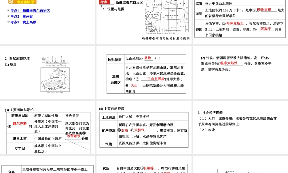 （新疆地区）中考地理总复习 八下 第八章 认识区域：环境与发展（课时二 新疆维吾尔自治区 贵州省 黄土高原）基础知识梳理课件-人教版初中九年级全册地理课件
