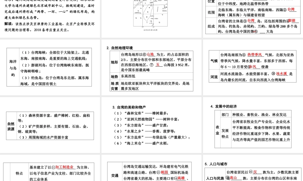 （新疆地区）中考地理总复习 八下 第八章 认识区域：环境与发展（课时一 北京市 台湾省）基础知识梳理课件-人教版初中九年级全册地理课件
