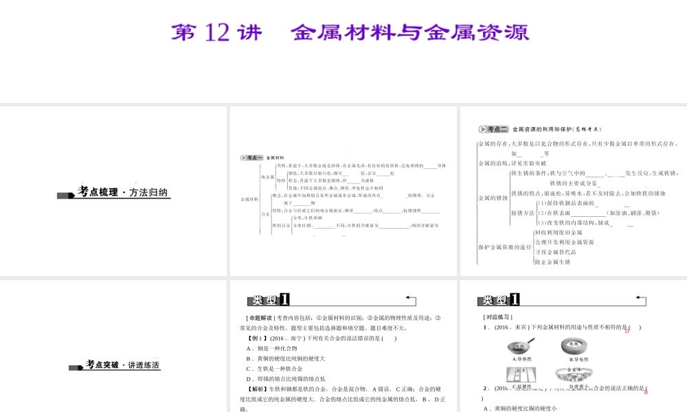 （广西地区）中考化学总复习 第一篇 考点聚焦 第12讲 金属材料与金属资源课件-人教版初中九年级全册化学课件