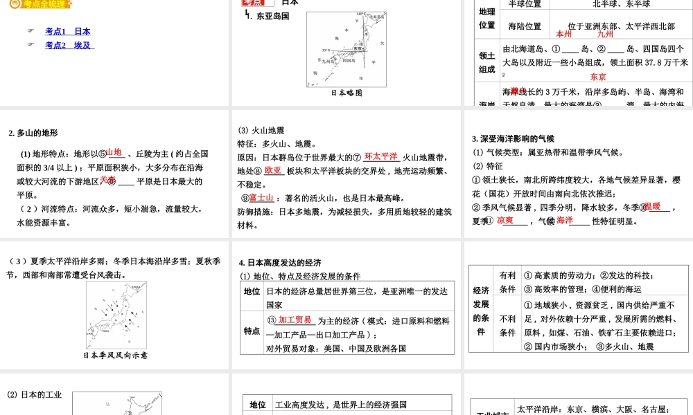 （新疆地区）中考地理总复习 七下 第八章 走近国家（课时一 日本 埃及）基础知识梳理课件-人教版初中九年级全册地理课件