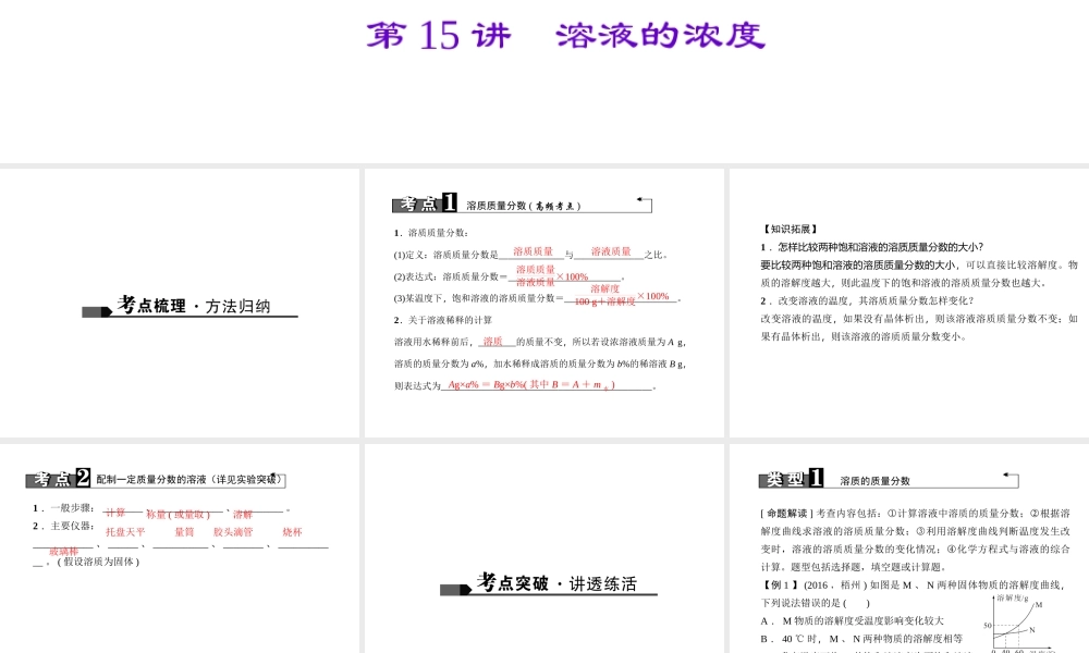（广西地区）中考化学总复习 第一篇 考点聚焦 第15讲 溶液的浓度课件-人教版初中九年级全册化学课件