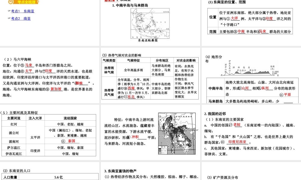 （新疆地区）中考地理总复习 七下 第七章 了解地区（课时一 东南亚 南亚）基础知识梳理课件-人教版初中九年级全册地理课件