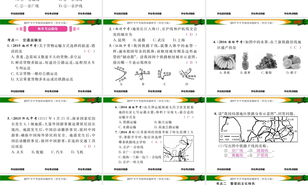 （怀化专版）春中考地理 八上 第四章 中国的主要农业（交通运输业）课件-人教版初中九年级全册地理课件
