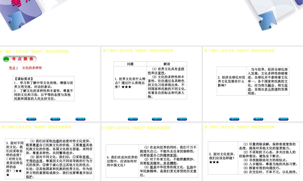 （新疆专版）中考政治 教材基础复习 第二单元 八上 第7课时 多元文化“地球村”网络交往新空间课件-人教版初中九年级全册政治课件