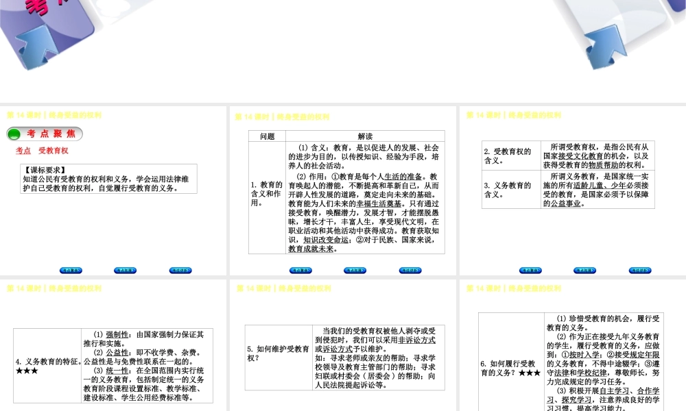 （新疆专版）中考政治 教材基础复习 第三单元 八下 第14课时 终身受益的权利课件-人教版初中九年级全册政治课件