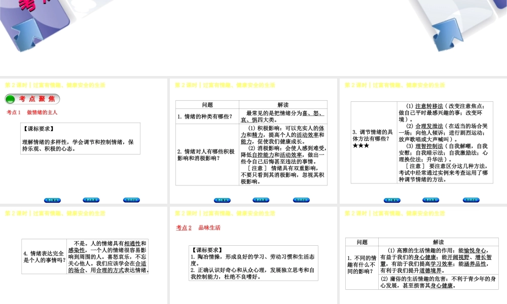 （新疆专版）中考政治 教材基础复习 第一单元 七年级 第2课时 过富有情趣、健康安全的生活课件-人教版初中九年级全册政治课件