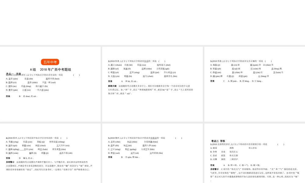 （广西地区）中考语文 第一部分 基础知识积累与运用 专题一 字音字形（试题部分）课件-人教版初中九年级全册语文课件
