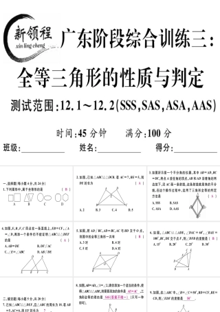 （广东专级数学上册 阶段综合训练三 全等三角形的性质与判定课件 （新版）新人教版-（新版）新人教级上册数学课件