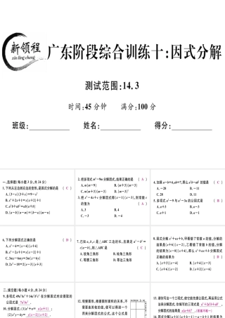 （广东专级数学上册 阶段综合训练十 因式分解课件 （新版）新人教版-（新版）新人教级上册数学课件