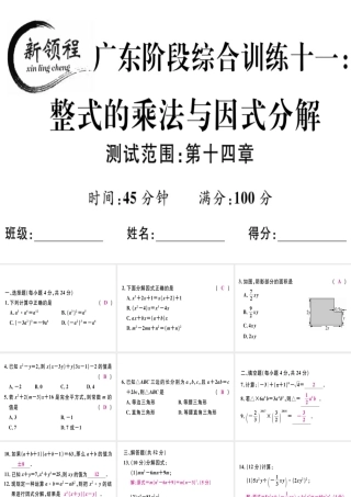 （广东专级数学上册 阶段综合训练十一 整式的乘法与因式分解课件 （新版）新人教版-（新版）新人教级上册数学课件