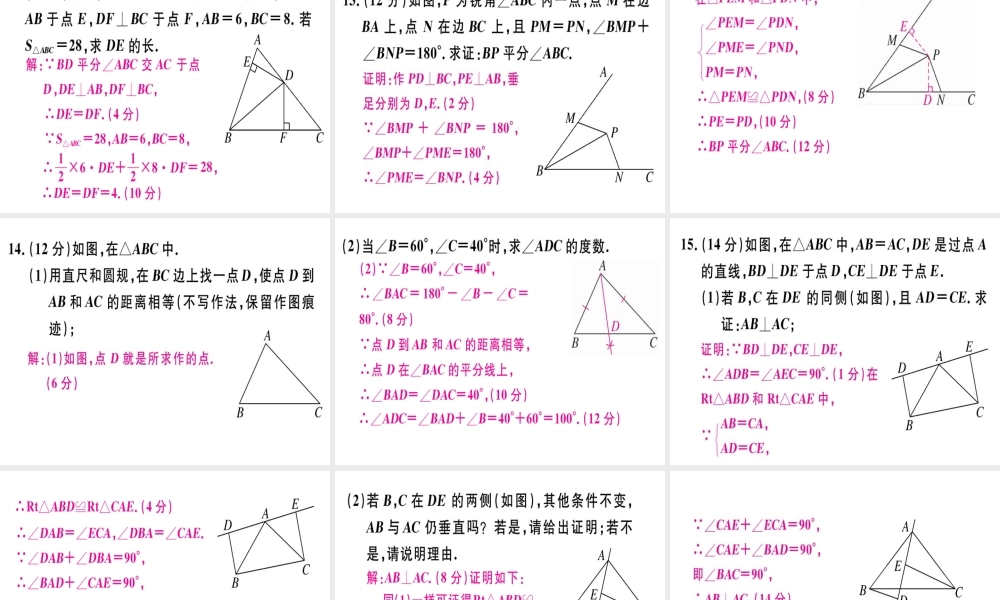 （广东专级数学上册 阶段综合训练四 直角三角形全等的判定及角平分线课件 （新版）新人教版-（新版）新人教级上册数学课件