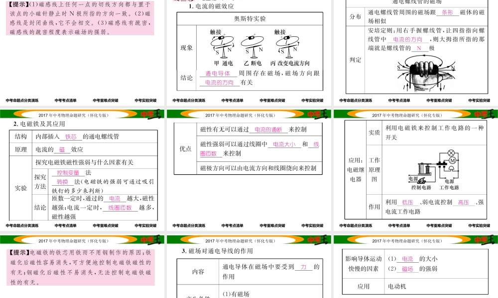（怀化专版）中考物理命题研究 第一编 教材知识梳理篇 第十六讲 电与磁 课时1 磁现象 磁场 电磁铁（精讲）课件-人教版初中九年级全册物理课件