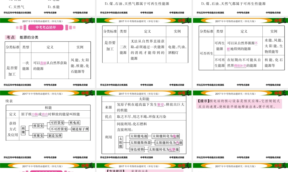 （怀化专版）中考物理命题研究 第一编 教材知识梳理篇 第十一讲 内能 内能的利用 能源与可持续发展 课时3 能源与可持续发展（精讲）课件-人教版初中九年级全册物理课件