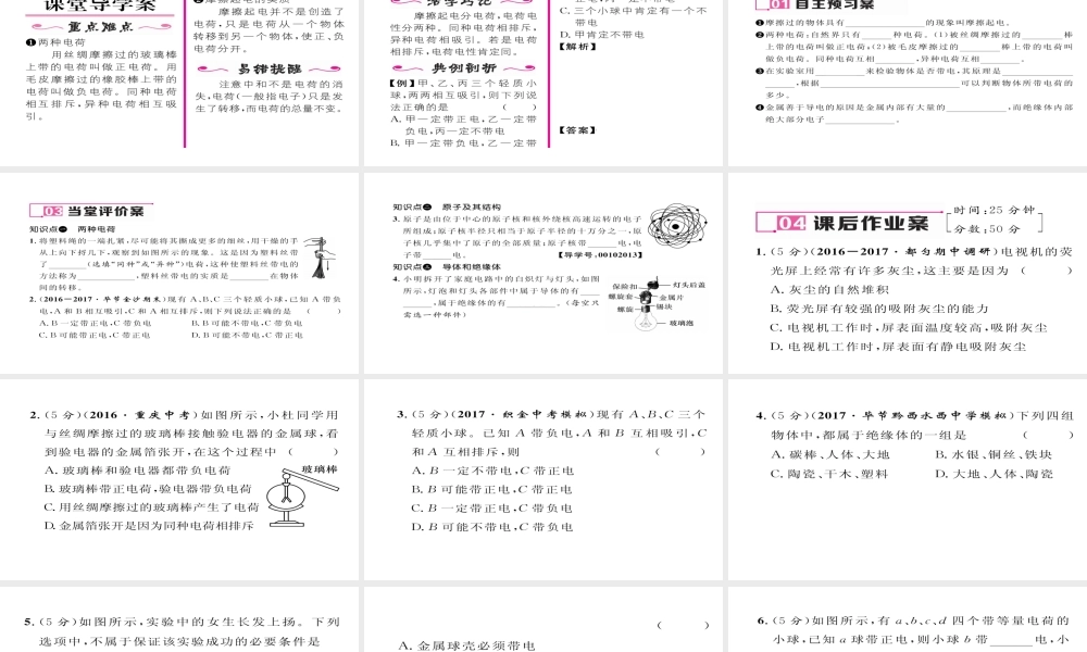 （毕节专版）九年级物理全册 第15章 第1节 两种电荷作业课件 （新版）新人教版-（新版）新人教版初中九年级全册物理课件